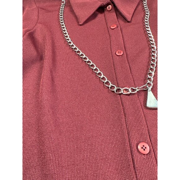 Vintage Kenar Studio Womens Size 10 Burgundy Ribbed Button Top with Necklace - Picture 4 of 8